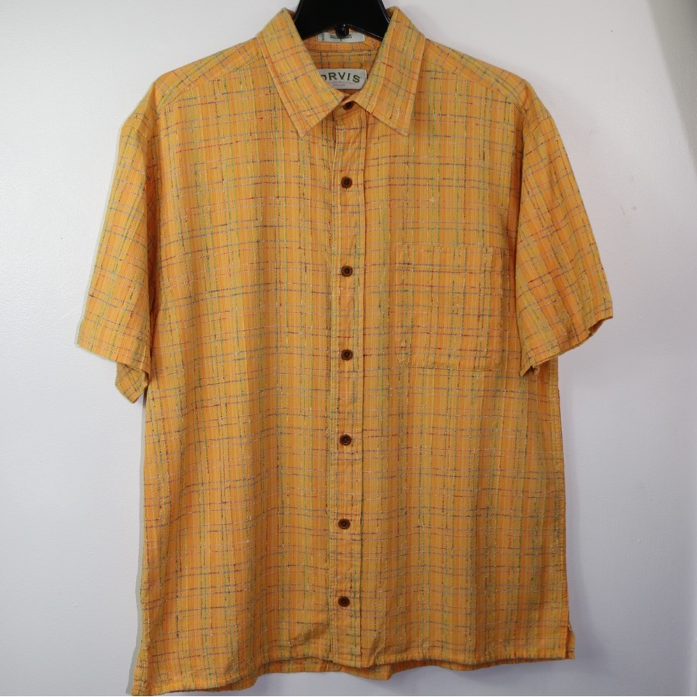Orvis Mens Button Up Shirt Large Yellow Plaid Short Sleeve 100% Cotton Casual